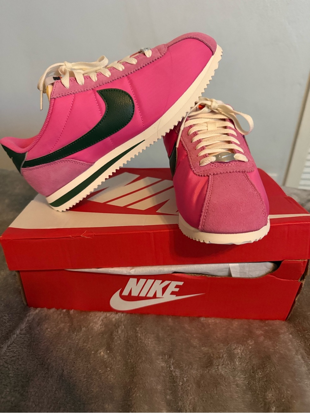Nike Women’s Cortez Sneaker Pink with Green Swoosh